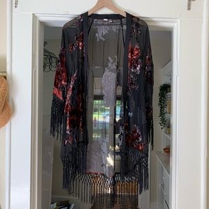 Sheer Velvet Floral Kimono with Fringe